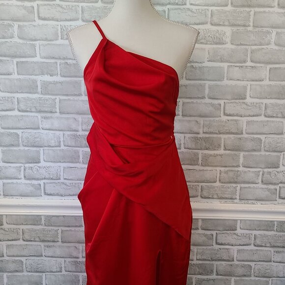 ASOS Satin One Shoulder Strappy Red Maxi Dress w/ Slit NEW 4 Dance Party Formal - Picture 10 of 11